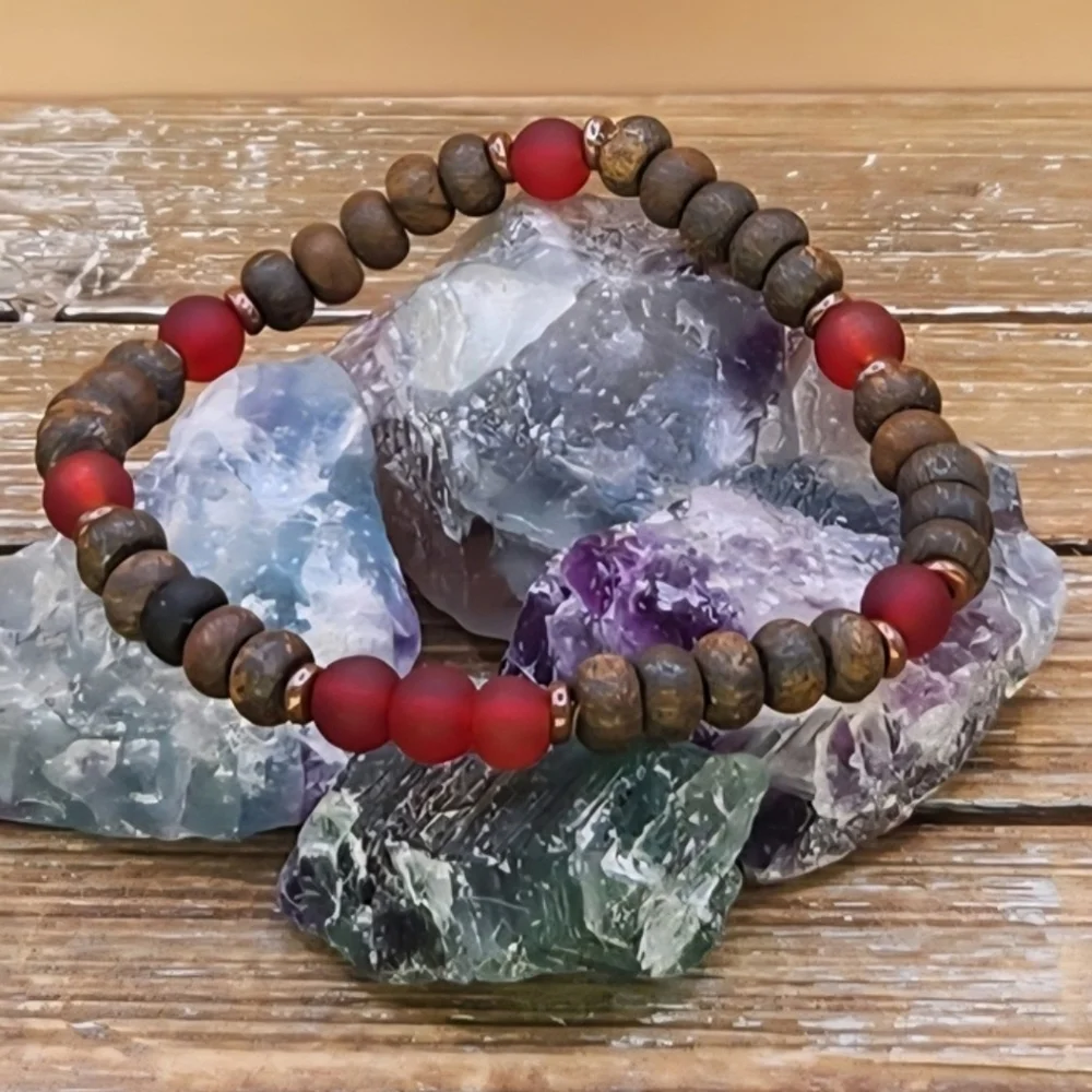 Red Cultured Sea Glass, Toffee Bronzite and Copper Beaded Bracelet